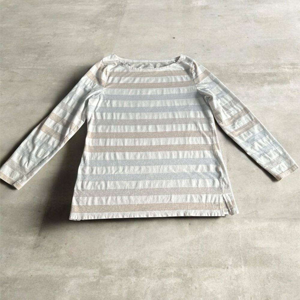 Talbots Metallic Silver Gold Beige and White Striped Top